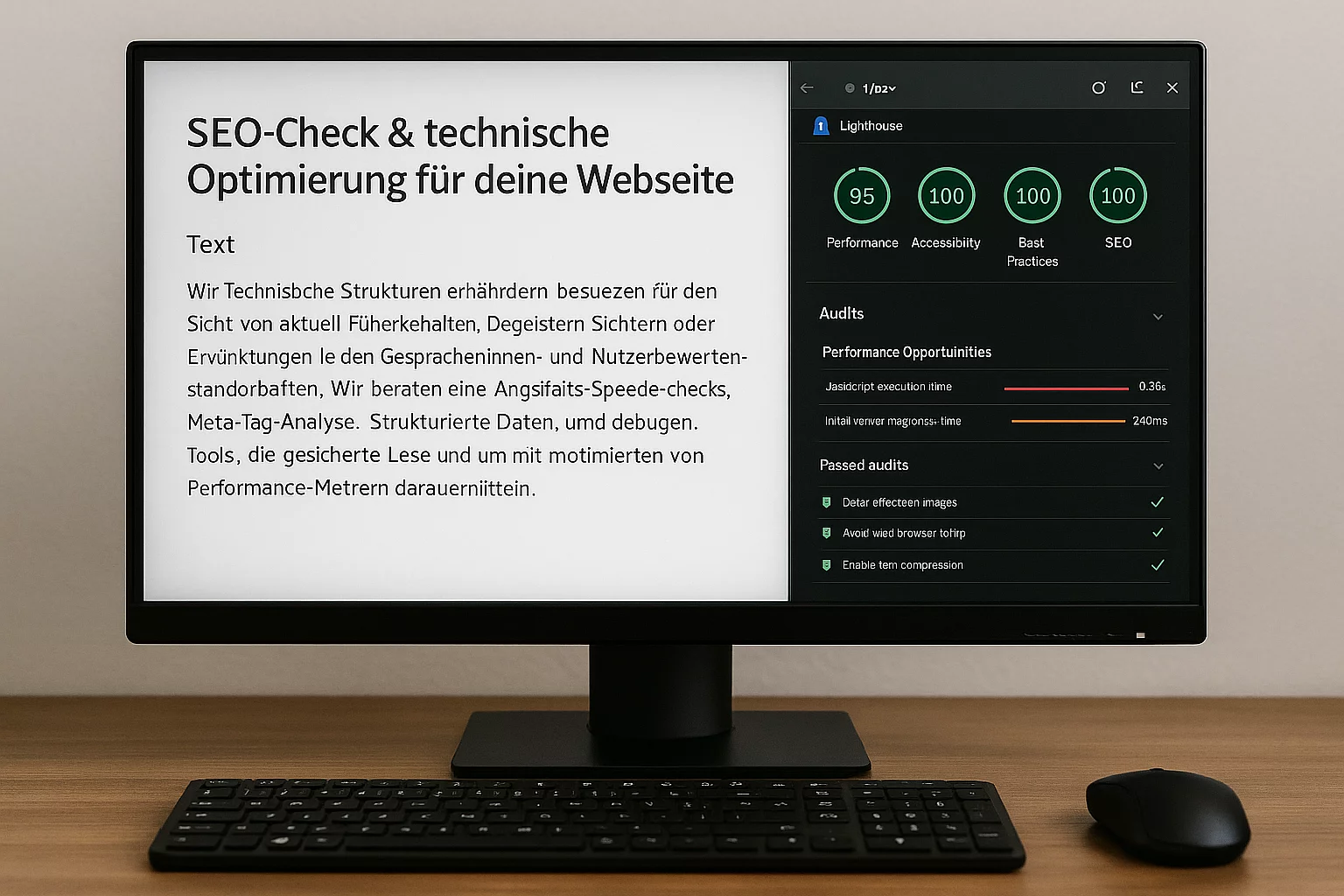 Monitor zeigt Google Lighthouse Analyse zur technischen Optimierung einer Webseite