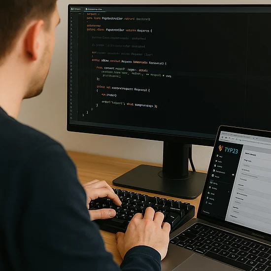 Eine Person sitzt von hinten an einem Schreibtisch und tippt auf einer Tastatur. Ein großer Monitor zeigt Programmcode an, während ein danebenstehender Laptop eine Webseite mit dem Logo TYPO3 darstellt.