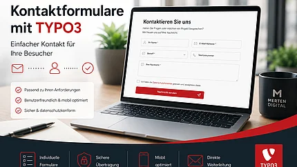 

Grafik zu Kontaktformularen mit TYPO3. Ein Laptop zeigt ein Formular auf einem Schreibtisch. Textpunkte nennen einfache Nutzung, Sicherheit und Datenschutz. Unten werden individuelle Formulare, sichere Übertragung und direkte Weiterleitung beworben. Das TYPO3-Logo ist sichtbar.