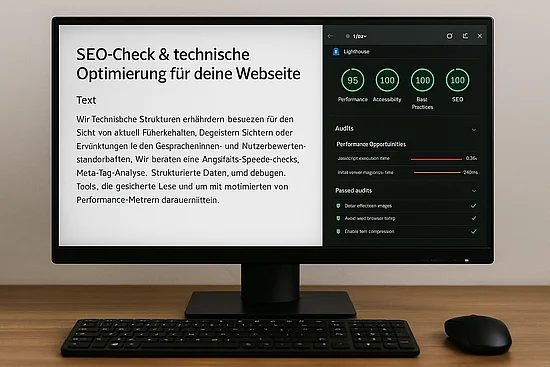 Ein Computermonitor zeigt eine Präsentation zum Thema SEO-Check und technische Optimierung. Rechts auf dem Bildschirm sind sehr hohe Lighthouse-Werte für Performance, Barrierefreiheit und SEO dargestellt. Links befindet sich der Titel und ein Textblock.