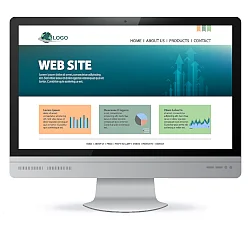 Ein Computermonitor zeigt eine Website-Vorlage an. Auf dem Bildschirm ist ein blauer Header mit dem Text WEB SITE und eine Stadtskyline zu sehen. Darunter befinden sich drei Boxen mit verschiedenen Diagrammen und Statistiken, die für geschäftliche Darstellungen typisch sind.