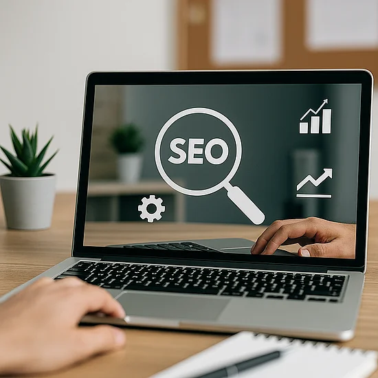 Laptop Bildschirm zeigt SEO Schriftzug und Wachstumskurven