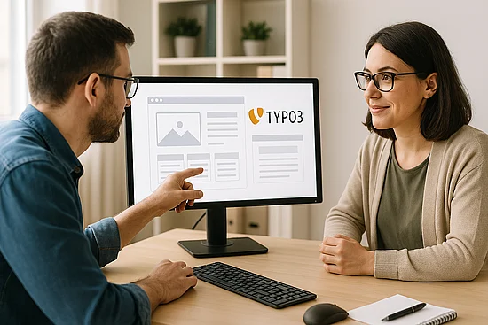 Ein Mann und eine Frau besprechen ein Webseiten-Layout am Computer. Der Mann zeigt auf den Bildschirm.