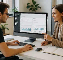 Ein Mann und eine Frau arbeiten im Büro zusammen. Sie sitzen vor einem Computerbildschirm, der verschiedene Balkendiagramme und Datenvisualisierungen anzeigt. Die Frau zeigt auf den Bildschirm, während der Mann die Tastatur bedient.