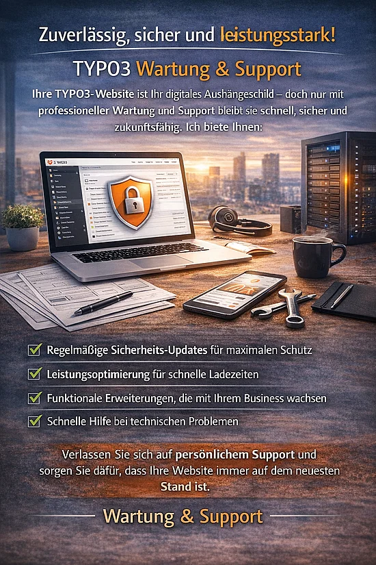 Grafik für TYPO3 Wartung & Support. Ein Laptop mit einem Sicherheitsschild auf dem Bildschirm steht auf einem Schreibtisch neben Werkzeug und einem Server. Der Text listet Vorteile wie Sicherheits-Updates, Leistungsoptimierung und persönlichen Support auf.