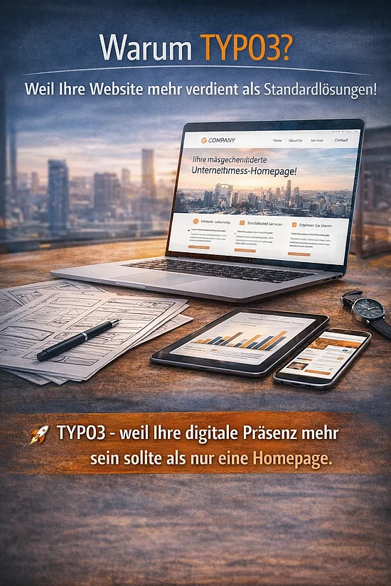 Werbung für TYPO3 mit der Überschrift „Warum TYPO3? Weil Ihre Webseite mehr verdient als Standardlösungen!". Ein Laptop, Tablet und Smartphone zeigen eine Webseite auf einem Schreibtisch mit Skizzen. Der Slogan unten lautet: „TYPO3 - weil Ihre digitale Präsenz mehr sein sollte als nur eine Homepage.