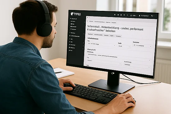 Ein Mann mit Kopfhörern sitzt an einem Schreibtisch und arbeitet am Computer. Auf dem Monitor ist das Backend von TYPO3 zu sehen, wo gerade Seiteninhalte für Webentwicklung bearbeitet werden.