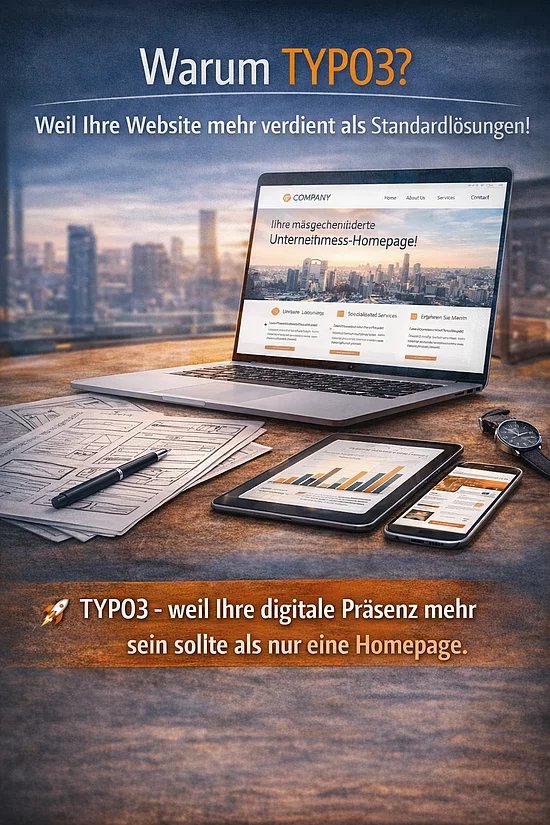 Laptop, Tablet und Smartphone auf einem Tisch mit TYPO3-Website