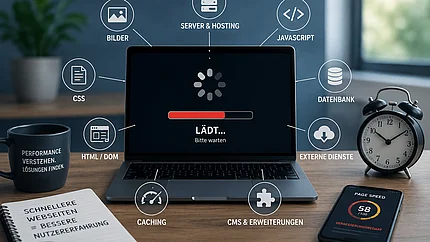 Laptop mit langsamer Webseite und Faktoren der Web-Performance