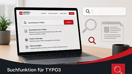 

Ein Laptop zeigt die Webseite von Merten Digital zum Thema Suchfunktion für TYPO3. Unten steht die Überschrift Suchfunktion für TYPO3 mit dem Untertitel Inhalte schnell finden. Grafiken von Lupen und Dokumenten symbolisieren das Suchen auf Webseiten.