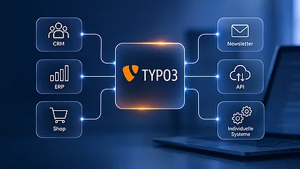 

Das Bild zeigt das TYPO3-Logo in der Mitte, umgeben von verbundenen Modulen für CRM, ERP, Shop, Newsletter, API und Individuelle Systeme. Die Grafik illustriert die Vernetzung und Erweiterbarkeit des Content-Management-Systems mit verschiedenen externen Diensten.