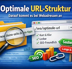 Grafik zum Thema Optimale URL-Struktur. Eine Browserzeile zeigt eine Beispiel-URL neben einer Checkliste mit den Kriterien Kurz & Klar, Lesbar und SEO-Freundlich. Verschiedene SEO-Symbole wie Lupe und Diagramme illustrieren die Bedeutung guter Webadressen.