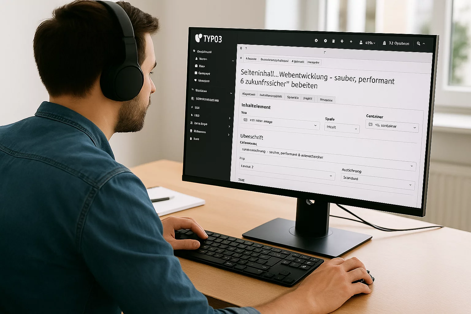 Webentwickler arbeitet mit TYPO3 am Bildschirm – moderne Umsetzung im Büro