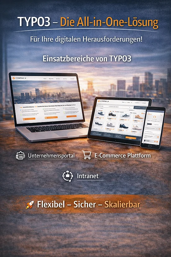 Das Bild wirbt für TYPO3 als All-in-One-Lösung für digitale Herausforderungen. Es zeigt einen Laptop, ein Tablet und ein Smartphone, die Webseiten darstellen. Genannte Einsatzbereiche sind Unternehmensportal, E-Commerce-Plattform und Intranet. Die Lösung wird als flexibel, sicher und skalierbar beworben.