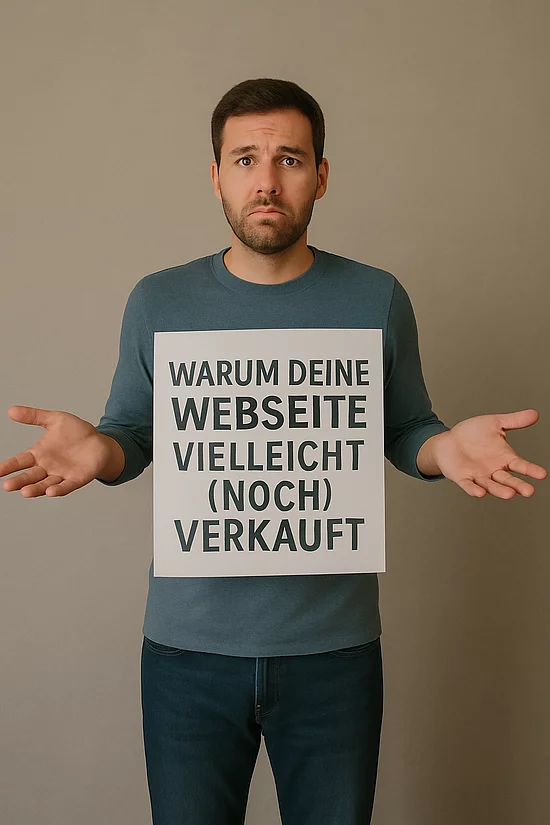 Warum deine Webseite vielleicht noch nicht verkauft – Mann hält Schild mit fragendem Blick