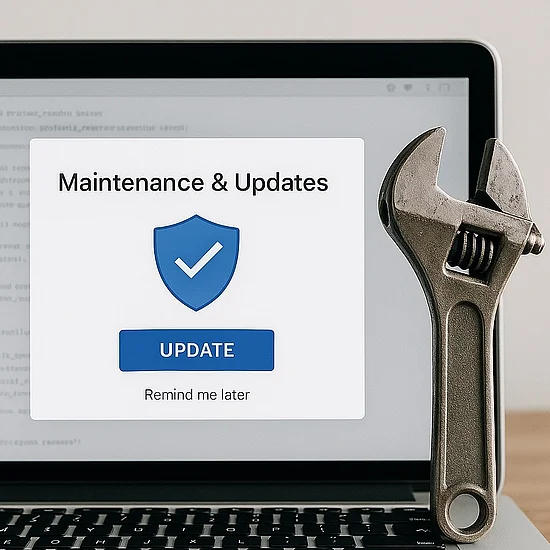 Ein Laptopbildschirm zeigt ein Fenster mit dem Titel Maintenance & Updates, einem blauen Schild-Symbol mit Häkchen und einem Update-Button. Rechts daneben lehnt ein großer Schraubenschlüssel an dem Bildschirm, was technische Wartung symbolisiert.