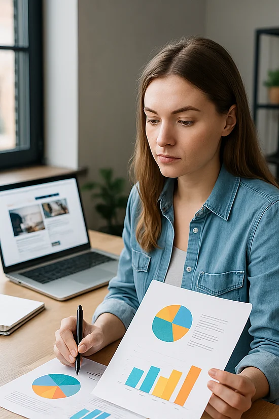 Eine Frau analysiert Diagramme und Grafiken am Schreibtisch