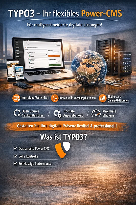 Das Bild bewirbt TYPO3 als flexibles Power-CMS für digitale Lösungen. Es zeigt technische Geräte wie Laptop und Server sowie einen Globus. Aufgelistet sind Vorteile wie komplexe Webseiten, Open Source und Anpassbarkeit. Unten werden Kernmerkmale wie volle Kontrolle und erstklassige Performance genannt.