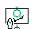 Icon einer Person, die neben einer Tafel steht, auf der ein grünes Zahnrad und ein steigender Graph zu sehen sind.