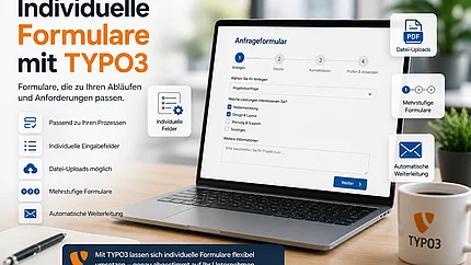

Individuelle Formulare mit TYPO3. Ein Laptop zeigt ein mehrstufiges Anfrageformular. Vorteile sind individuelle Eingabefelder, Datei-Uploads, mehrstufige Formulare und automatische Weiterleitung. Der Text betont, dass TYPO3 flexible Formulare ermöglicht, die genau auf das Unternehmen abgestimmt sind.