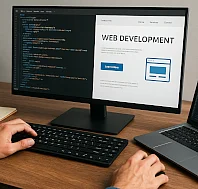 Ein Computerbildschirm zeigt den Text Web Development und Programmcode. Hände tippen auf einer Tastatur auf einem Holztisch. Rechts ist ein Laptop zu sehen. Das Bild symbolisiert Webentwicklung und Programmierung.
