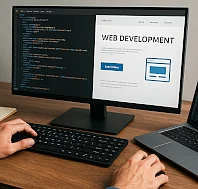 Webentwickler arbeitet am Schreibtisch mit Monitor und Laptop, zeigt Code und moderne Website-Entwicklung