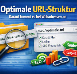 Illustration einer SEO-freundlichen URL-Struktur mit kurzen, lesbaren Webadressen