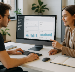 Zwei Kollegen besprechen ein TYPO3-Update am Bildschirm